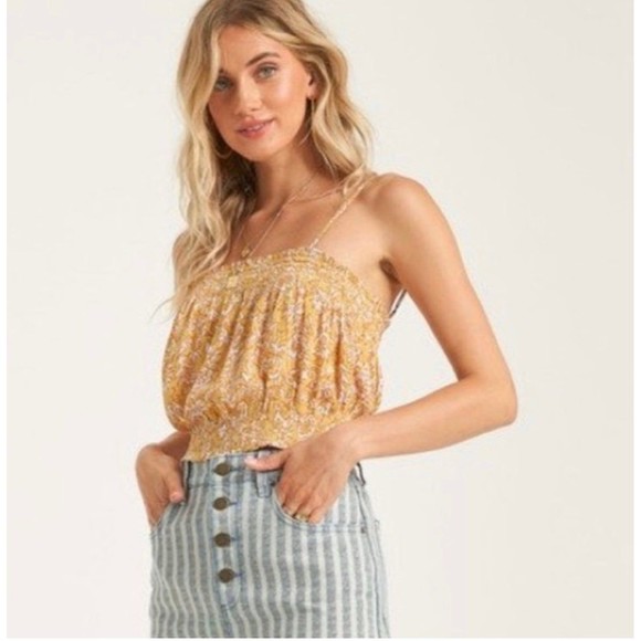 NWT Billabong crop top M yellow floral surf - Picture 2 of 8